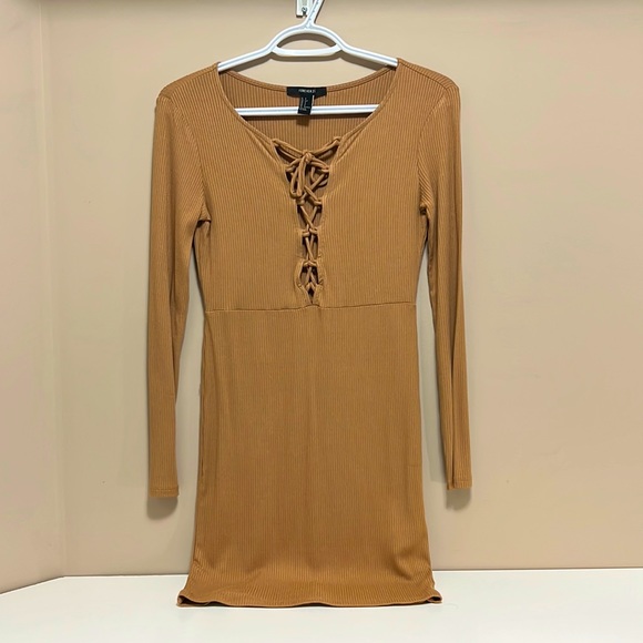 Forever 21 Tie Front Tan Long Sleeve Dress - Picture 2 of 4